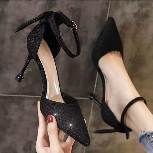 Bowknot French High-heeled Shoes 2021 New One-word Buckle Single Shoes Female Stiletto Temperament Ladies Single Shoe Sandals