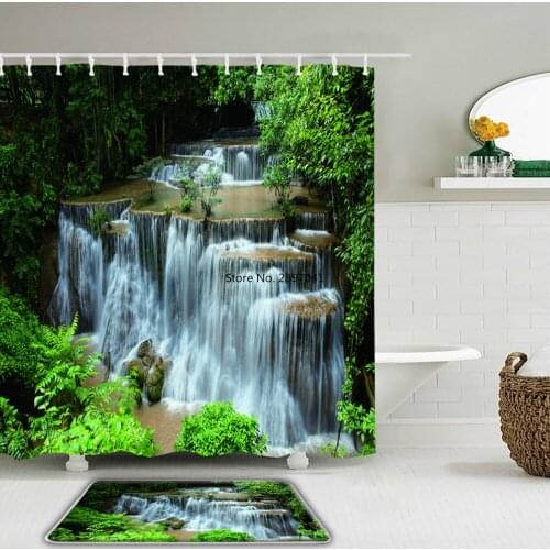 2Pcs/set Primeval Forest Scenery Shower Curtains Set Waterproof Bathroom Curtain Bath Non-Slip Toilet Mat Washroom Rug Mat