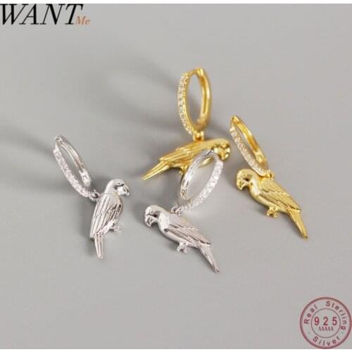 WANTME Cute Sweet Animal Jewelry Drop Parrot Studs Earrings for Women Genuine 100% 925 Sterling Silver Fashion Accessory Gift
