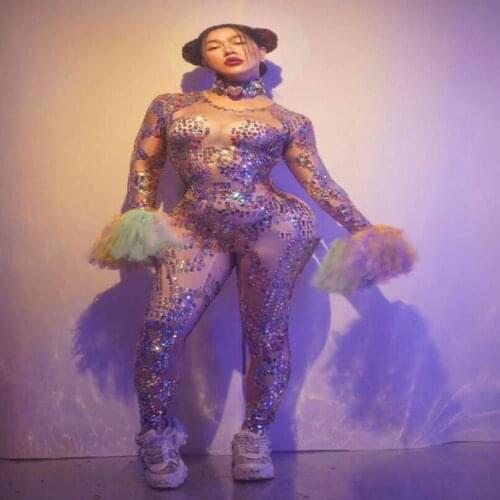 Nighclub Sequins Jumpsuit crystal colourful sparkly Women Stage Performance Show Dance Costume Birthday stage dance bodysuit
