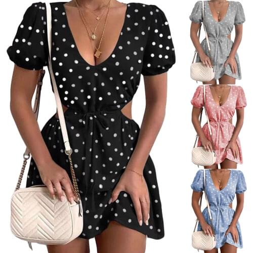 IMCUTE Casual Bohemian Beach Dress For Women Sexy Deep V Neck Hollow out Short Sleeve Fashion Polka Dot Print Belt Elegant Dress