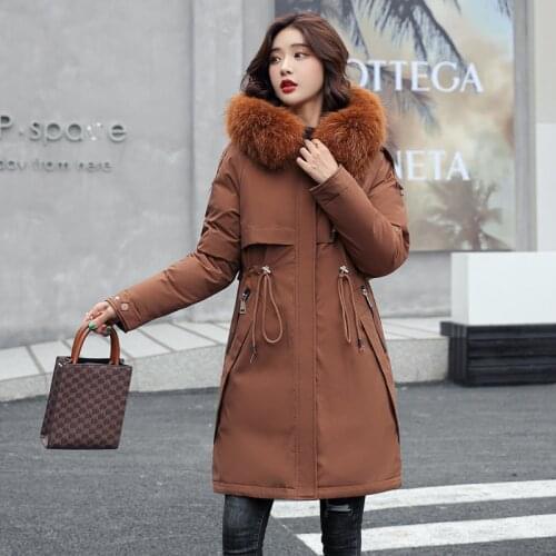 Winter Thick Womens Long Parkas Casual Solid Fur Hooded Warm Down Jacket for Female Wool Liner Zipper Coat Outwear