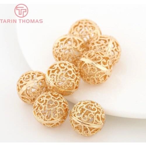 10PCS 8MM 10MM 12MM 24K Champagne Gold Color Plated Brass Hollow Pattern Round Beads High Quality Diy Jewelry Accessories