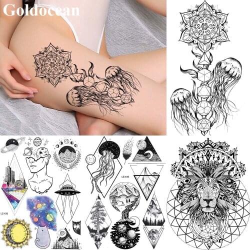 GoldOcean Black Chains Jellyfish Mandala Flower Fake Tattoos Stickers Women Arm Tato Waterproof Body Art Custom Temporary Tattoo