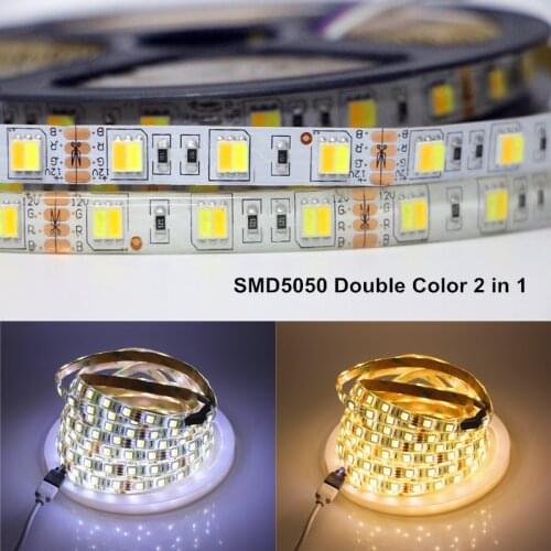 SMD 5050 Double Color 2 in 1 LED Strip 12V 5M 60LEDs/M CCT Adjust Flexible LED Tape 5025 Cold white + Warm white LED Lamp Ribbon