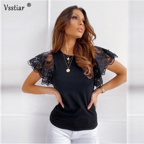 Elegant Summer Short Sleeve Tops 2021 New Arrivals Black White Women Lace Sexy Blouse Casual O Neck Patchwork Shirts Plus Size
