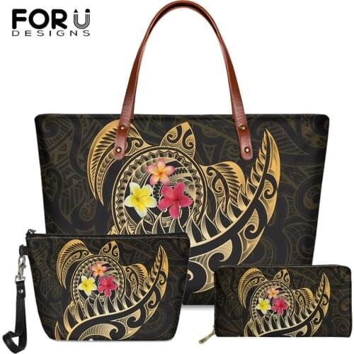 FORUDESIGNS Vintage Handbags And Leather Purse 3set for Women Maori Turtle Silver Fern Blue Print Ladies Big Soft Shoulder Sac