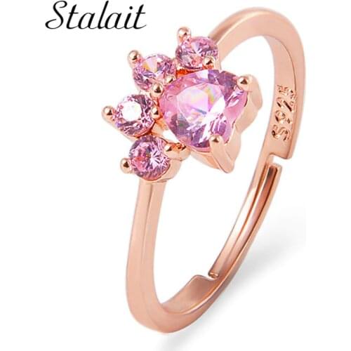 Cat Paw Footprint Zircon Rings Cute Cartoon Opening Adjustable Gold Color Wedding Copper Engagement Valentines Women Princess