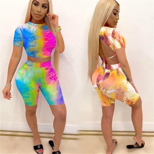 Two Piece Set Summer Women Tie Dye Clothes Sexy Backless Short T-shirt Shorts Set Tracksuit Bodycon Casual Homewear