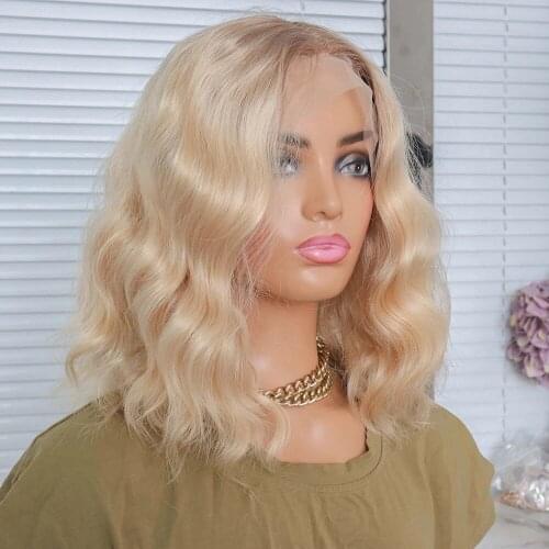 Short Bob Wave Synthetic Lace Wigs For Women Ombre Brown Roots Blonde Middle Lace Part Wigs Heat Resistant Fiber Hair Daily Use