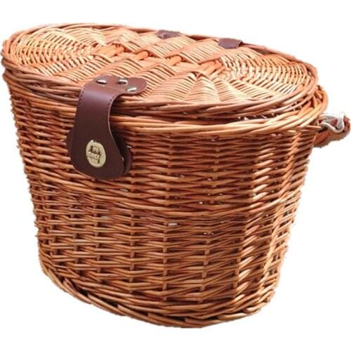 Bicycle Basket With Lid Children Bike Scooter Basket Kids Artificial Weaving Wicker Bike Basket Retro Adult Kids Bicycle Baskets