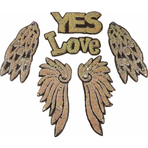 New Arrival Yes Love Wing Embroidery Cloth Sequins Feather Patches Accessorieswing Gold Sliver Sequined Patch Sew on Transfert