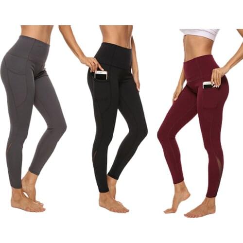Solid Color Pocket Leggings Sports Womens High-waist Stretch Leggings Stitching Breathable Womens Yoga Pants Trousers Leggings