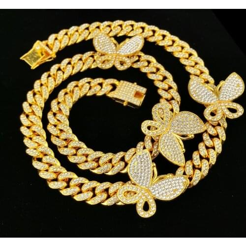 Big Butterfly Thick Crystal Necklace Womens 12mm Ice Out Bling Miami Cuban Link Chain Hip Hop Rock Cool Mens Metal Jewelry New