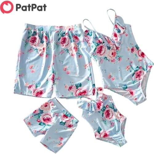 PatPat 2021 New Summer Flounce Neckline Floral Print Matching Family Swimsuits Family Look Clothing