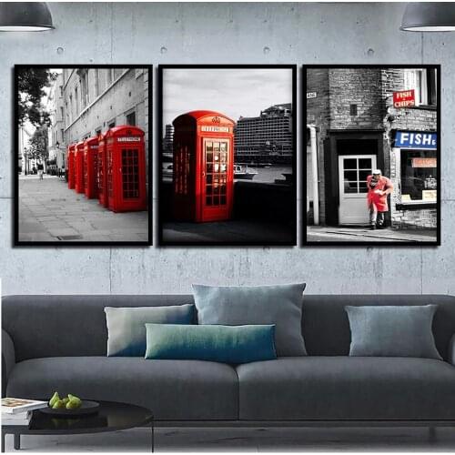 Landscape City Red Telephone Booth Nordic Canvas Paintings Modern Living Room Wall Decor Posters Printing Creative Pictures Art