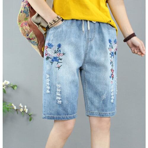High Waist Denim Shorts Women 2020 New Summer Elastic Waist Jeans Shorts Femme Loose Floral Embroidered Short Jeans Feminino