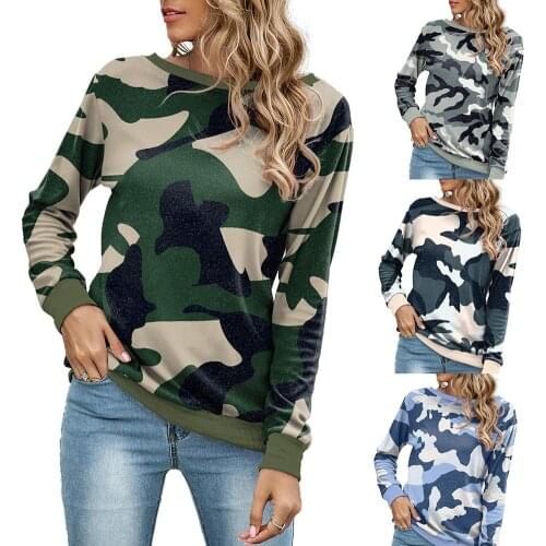 Women Fashion Leisure Long Sleeve Camouflage Crew Neck Sweatshirt Pullover Blouse Tops