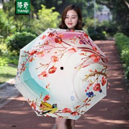 Peach Blossom Pattern Umbrella Women Oil Painting 3 Folding Parasol Fashion Lady Portable Girl Friend Gift Kids