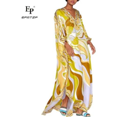 EFATZP New Womens Wear Middle East Fashion Show Loose Large Size V-Collar Gold Elastic Knitted Travel Fashion Beautiful Dresses