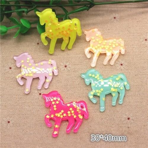 10pcs Mix Colors Cute Cartoon Unicorn Glitter Star Filled Flatback Cabochon Miniature Art DIY Craft Scrapbooking,39*40mm