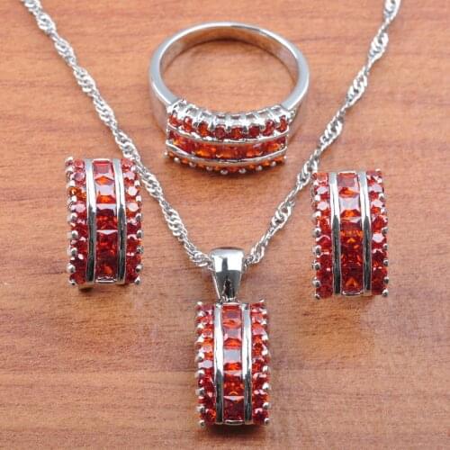 2020 New Red Cubic Zirconia Jewelry Set Wedding Jewelry For Women Bracelet Ring Necklace And Earrings Sets Jewellry JS0141