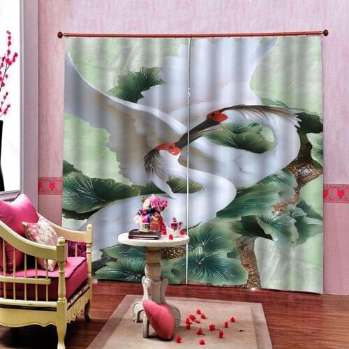 White Crane Chinese Jade Lotus leaf 3D Stereo Curtains For Living Room Bedroom Blackout Window Drapes Customiable any size