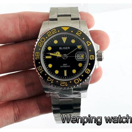 40mm Bliger Sapphire Glass Ceramic Bezel Black Dial Luminous Hands GMT Date Window Automatic Mens top luxury mechanical Watch