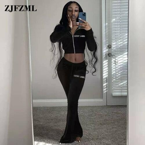 Letter Embroidery Velvet Tracksuit Womens Suit Long Sleeve Workout Crop Jackets and Bell Bottom Trouser Velour Clothing New
