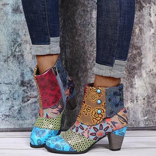 Women Boots New Retro Genuine Leather Printing Splicing Thick High Heel Zipper Dress Short Boots Ladies Shoes Women Shoes