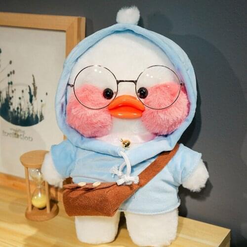 Blue Coat and White Bag Hoodie Hyaluronic Acid Duck with Glasses Hat Plush Toy Stuffed Soft Birthday Christmas Day Gift