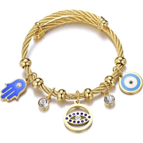 Stainless Steel Delicate Women Turkish Devils Eye Bangle Bracelet Gold Hand of Islamic Fatima Bangles Jewelry Gift For Him