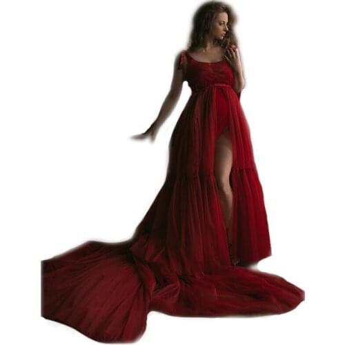 Red Maternity Dresses High Side Split Off Shoulder Maternity Gown for Photoshoot Boudoir Lingerie Bathrobe Nightwear Babydoll