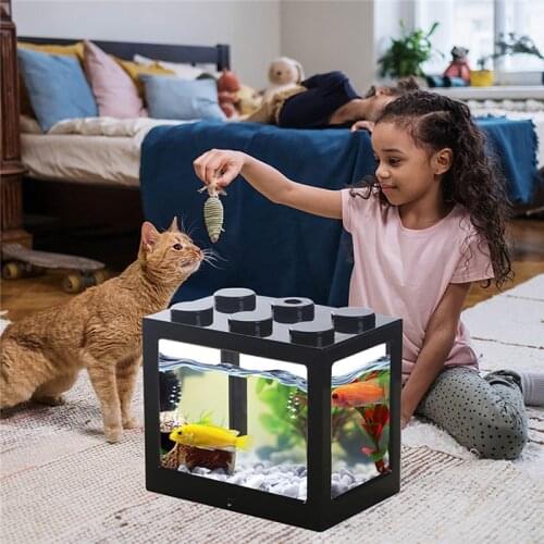 Mini Fish Tank With Light Tackable Aquarium Creative Building Block Fish Cylinder Landscape Office Decoration Ecological Pet Box