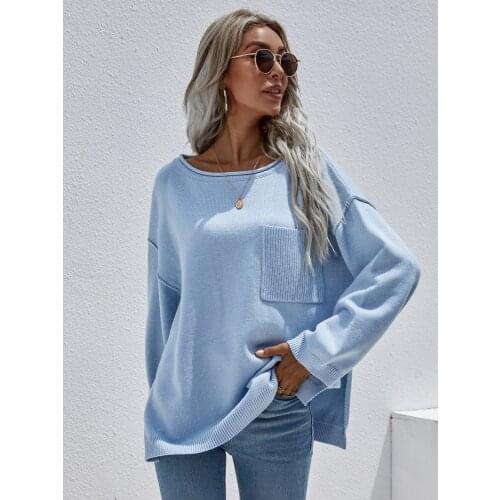 Fashion Autumn Knitted Sweaters O-Neck Splite Pockets Tops Loose Cardigan Womens Sweater 2021