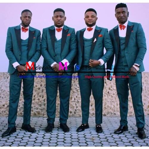 2021 Dark Blue Single-Breasted Groomsmen Peaked Lapel Groom Slim Fit Tuxedos Men Prom Party Sets 3 Pieces ( Jacket+Pants+Vest)