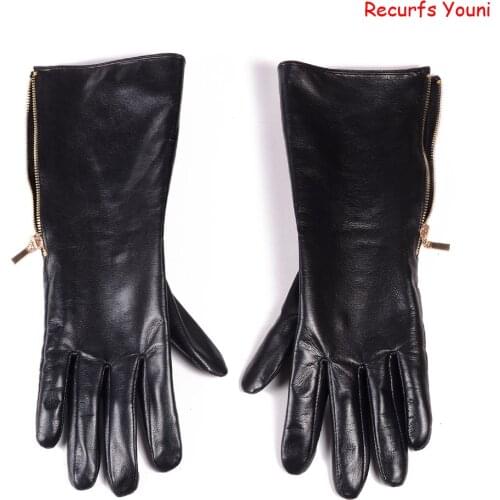Men Winter Real Leather Long Gloves With Golden Zipper Male Show Black Thick Manopla Hand Warm Mott Cycling Suede Gauntlet