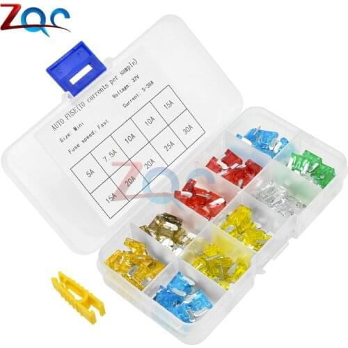 100PCS Mixed MINI Car Fuses 5A 7.5A 10A 15A 20A 25A 30A Amp with Box Clip Assortment Auto Blade Type Fuse Set Truck Zinc Alloy