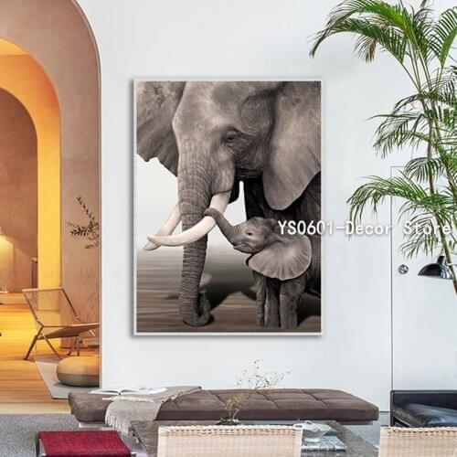 Elephant Mother and Child Animal Wall Art Canvas Painting Posters and Prints Pictures Home Living Room Decor (No Frame)