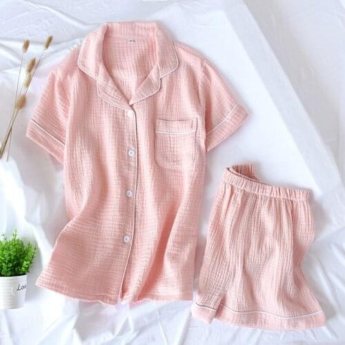 Solid Short Sleeve Pajamas Suit 2PCS Cotton Womens Summer Nightwear Casual Loose Simple Sleepwear Turn-down Collar Loungewear