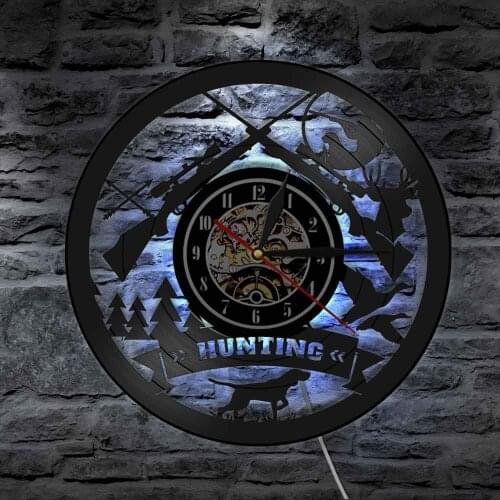 Hunting Logo Rifle Gun Sign Wall Art Clock Animal Hunting Adventure Vinyl Record Wall Clock Wilderness Tribal Wall Decor Gift