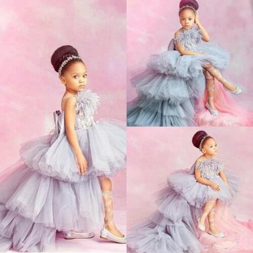 Fashion Gray High Low Flower Girl Dresses Pageant Gowns Lace Applique Sleeveless For Wedding Tulle Kids Communion Party Dress