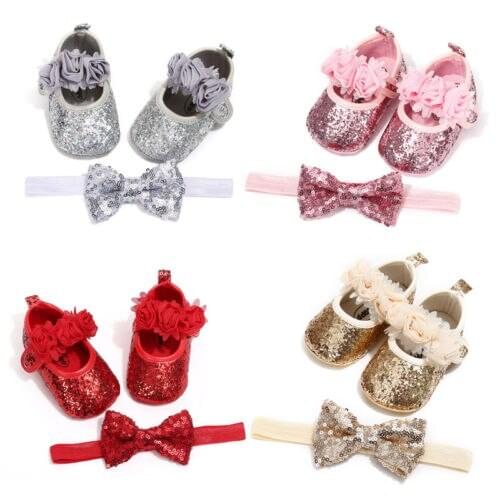 Baby Casual Shoes Newborn Baby Girl Soft Sole Sequins Bowknot Anti-slip Prewalker 2pcs Shoes 0-18M