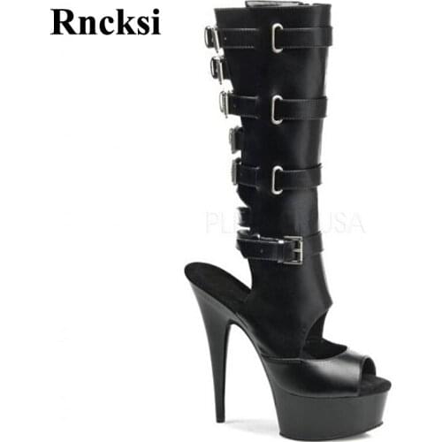 Rncksi Girl Party Queen Buckle Chick Heels Platform Wedding Womens Boots Dance Shoes 15cm Heels High Knee High Boots