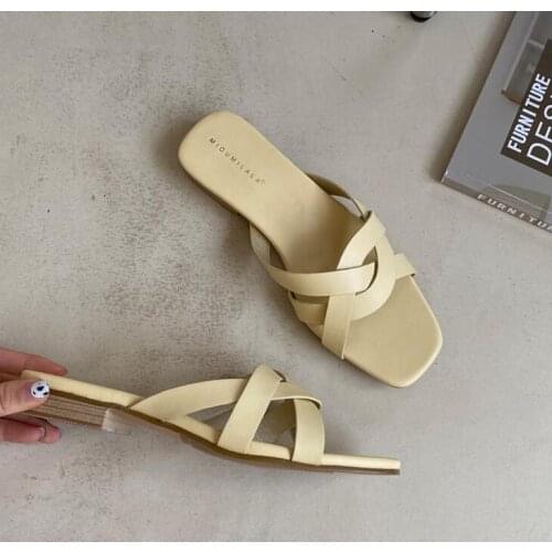 Square Toe Summer Women Sandals Fashion Cross-strap PU Leather Slippers Female Slippers Durable High Quality Woman Slides Shoes