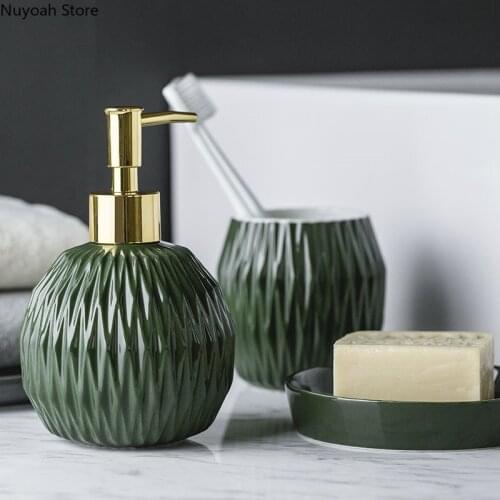 European Style Bathroom Accessories Ceramic Embossed Diamond Pattern Soap Dish Soap Dispenser Mouthwash Cup Bathroom Supplies
