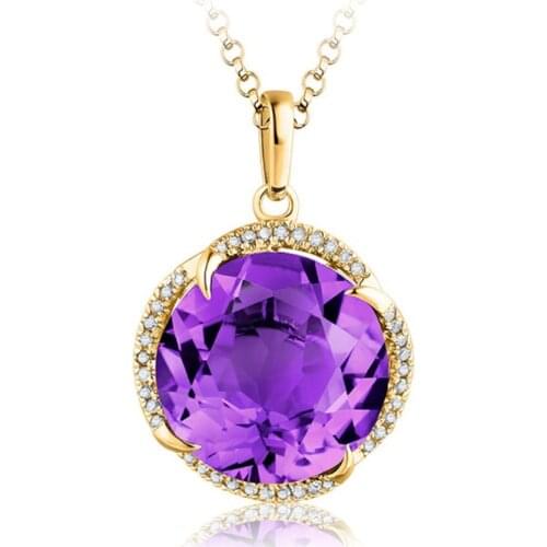 Light Yellow Gold Color Round Cabochon Natural Amethysts Crystal Pendant Link Chain Necklace with Rhinestone Fashion Jewelry