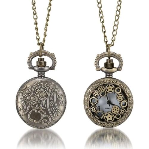 1 Pcs Men Women Bronze Quartz Pocket Watch Hollow Gear Carved Case with Chain LXH