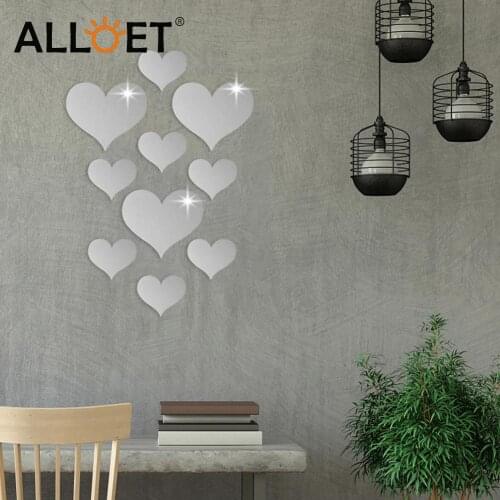 10Pcs Mirror Wall Sticker Mural Decal Removable Durable Heart Mirror Wall Sticker DIY Living Room Removable Wedding