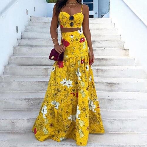 Summer Women Floral Print Floor Length Dress Sets Sexy Backless Sleeveless Cropped Top+high Waist Maxi Skirt Two Piece Set Women